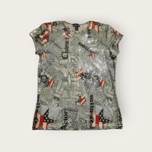 Vintage Y2k early 2000s Limited Too silver sparkly flag graphic baby tee